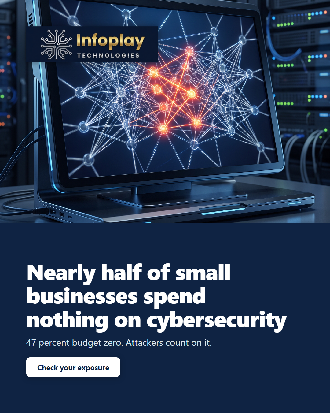 Sample ad: Nearly half of small businesses spend nothing on cybersecurity. A monitor showing a network graph in front of server racks.